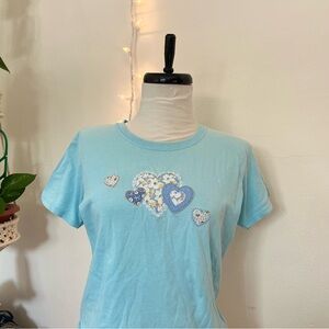 Light Blue Embroidered Heart Pattern Short Sleeve Tee Full Length